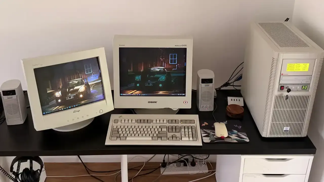 A late-1990s desktop computer setup with dual CRT monitors