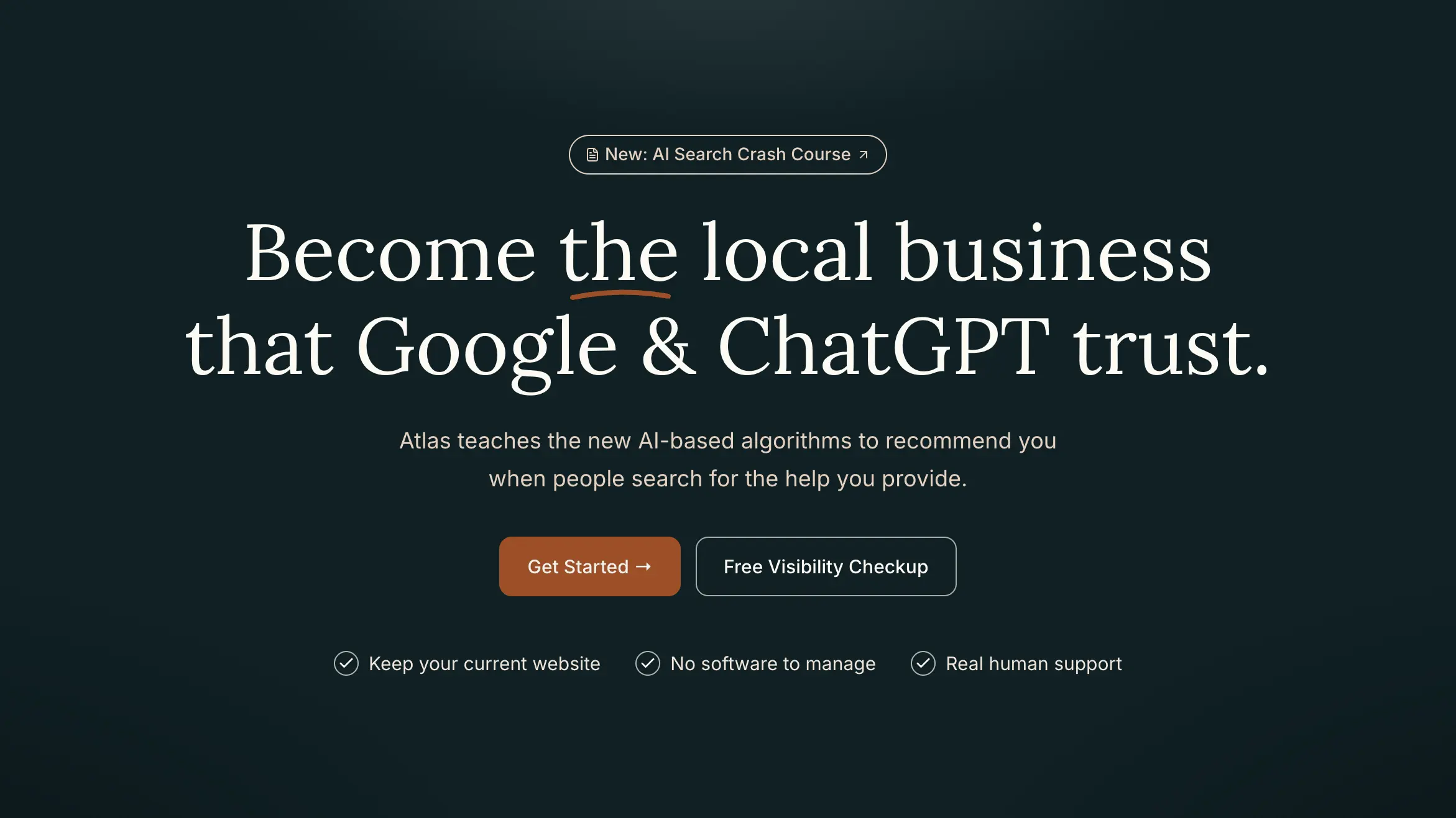 The Atlas website homepage introducing AI search visibility for local businesses
