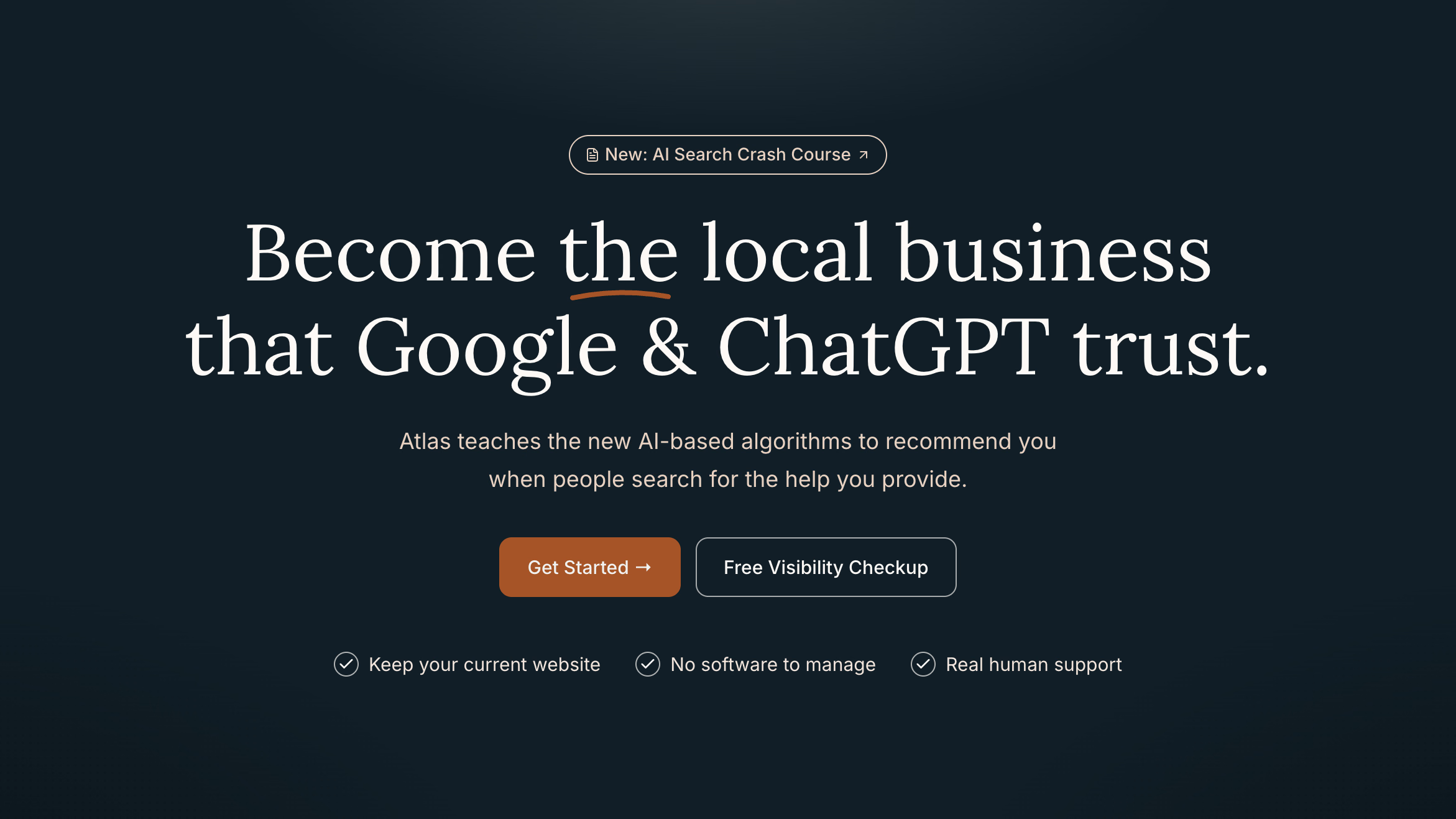 The Atlas website homepage introducing AI search visibility for local businesses